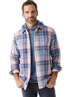 Faherty Mens L The Surf Flannel shirt jacket Organic Cotton Blue & Pink Plaid